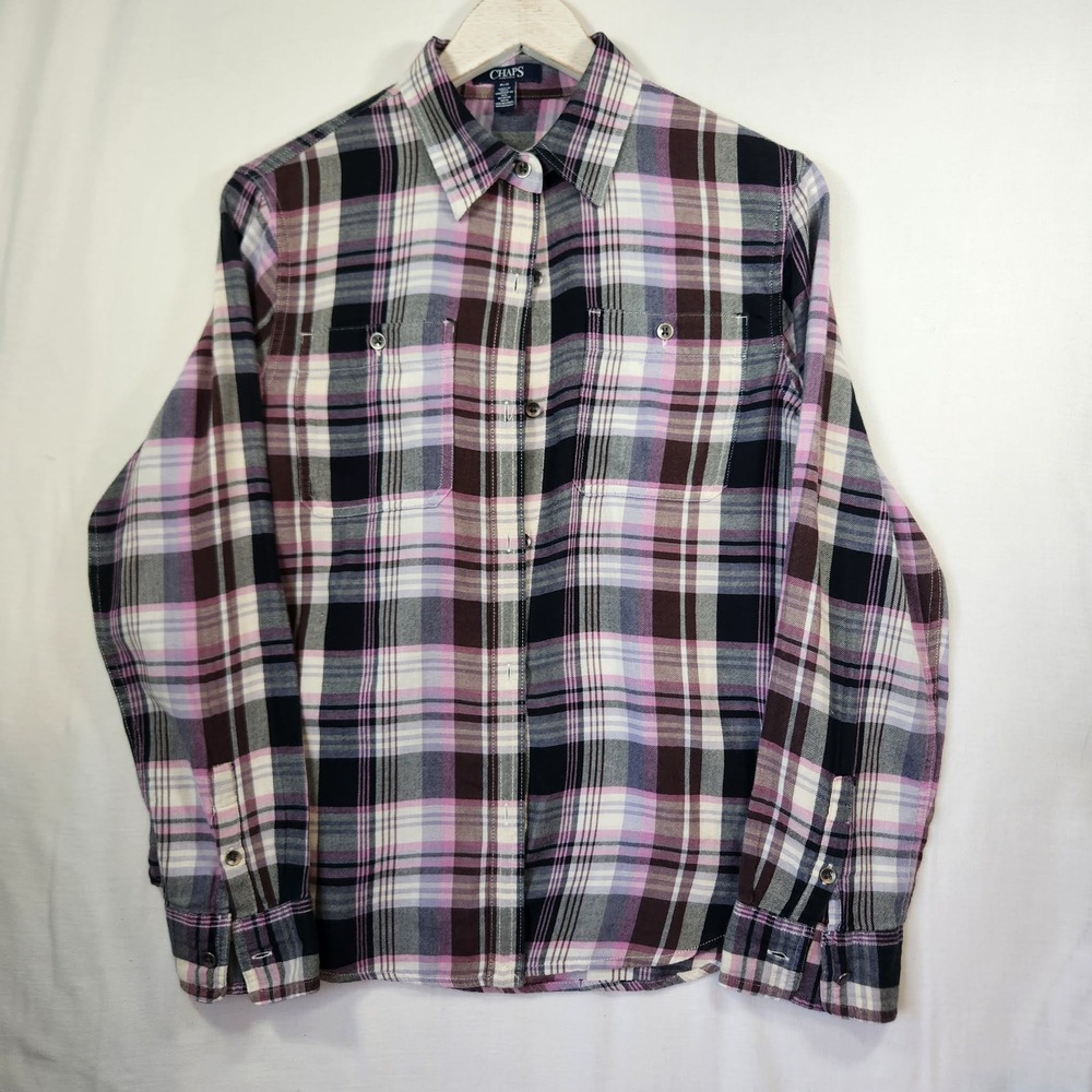 Chaps Petite Large Flannel Button Down Shirt Purple Pink Plaid Long Sleeve